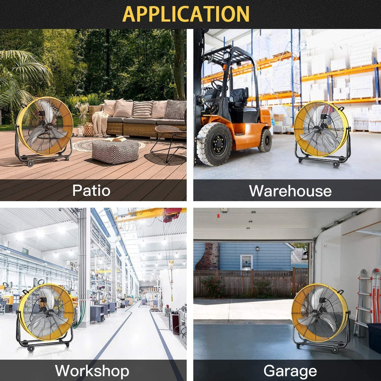 3 Speed Circulation Drum Fan 24 Inch High Velocity Air Movement Heavy Duty Metal - Yellow - Fab Heavy Parts
