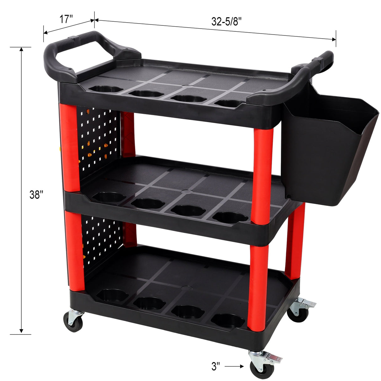 3 Tier Rolling Auto Detail Cart with Wheels & Bucket & Panel & Hook - Red&Black - Fab Heavy Parts