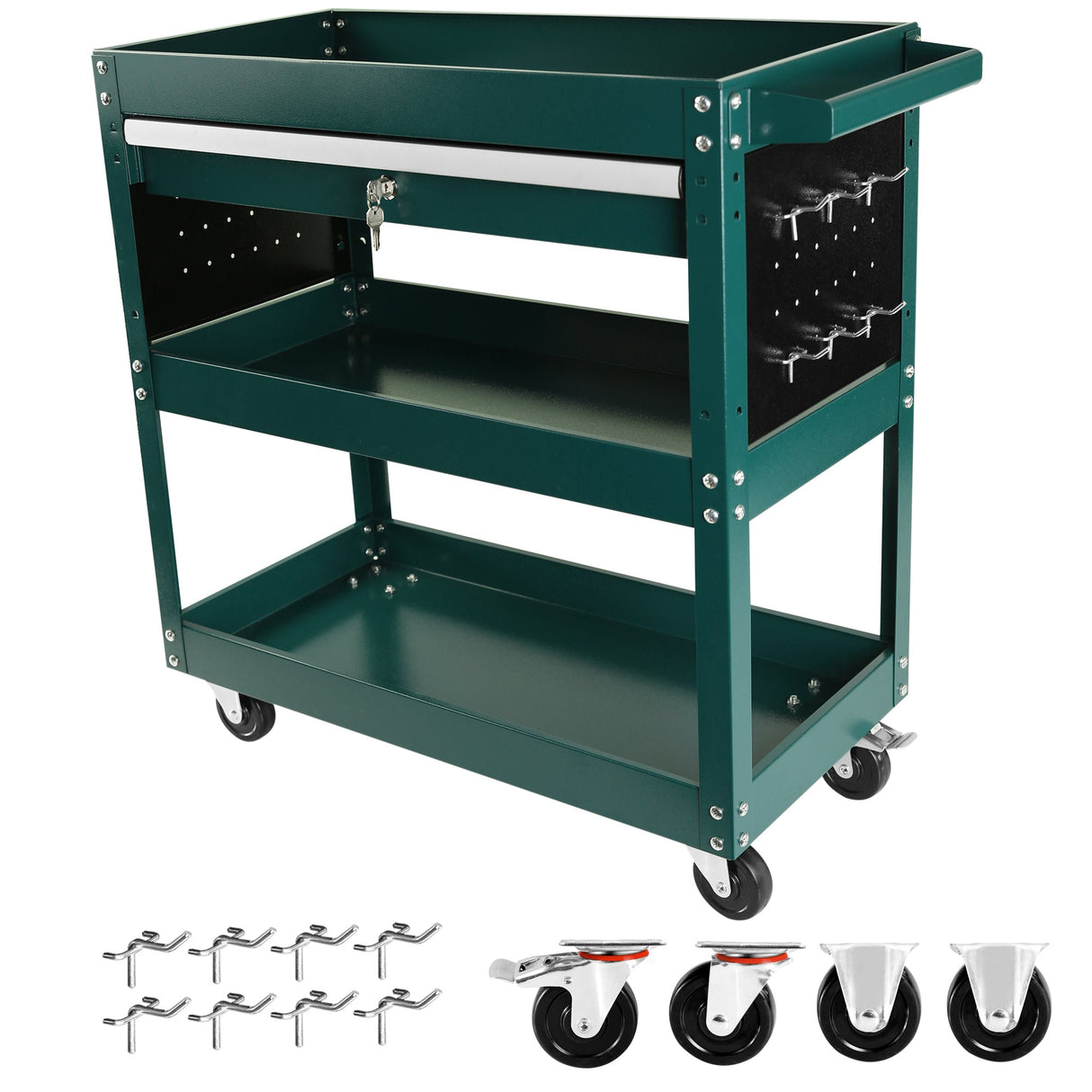 3 Tier Rolling Tool Cart Heavy Duty Utility Organizer with Storage Drawer - Green - Fab Heavy Parts
