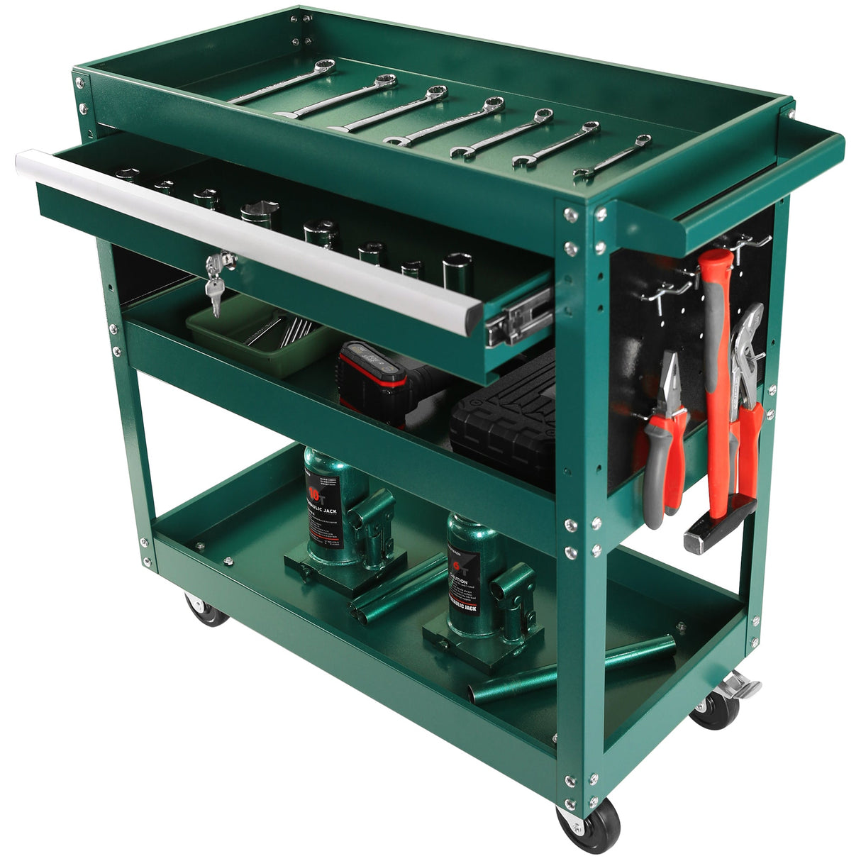 3 Tier Rolling Tool Cart Heavy Duty Utility Organizer with Storage Drawer - Green - Fab Heavy Parts