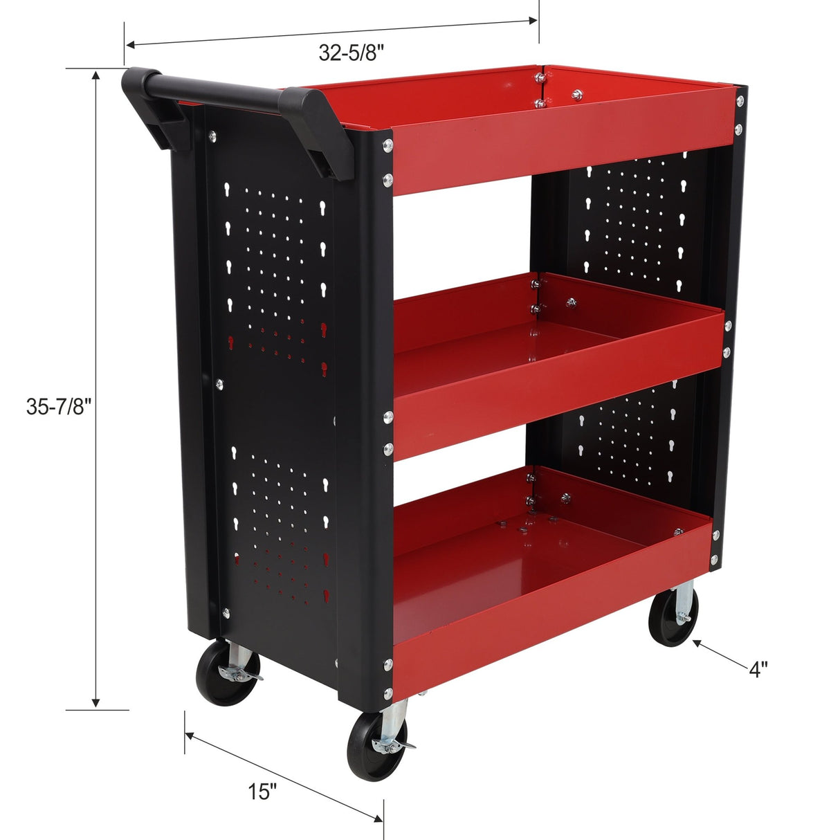 3 Tier Rolling Tool Cart on Wheels with Pegboard Heavy Duty Utility - Red - Fab Heavy Parts