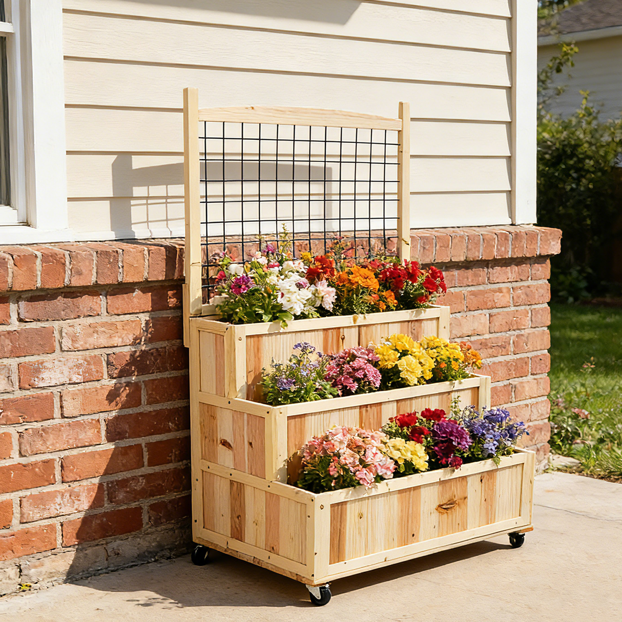 3 - Tiers Raised Garden Bed with Trellis 53" H Vertical Planter Box with Wheels & Back Storage Area for Flowers Vegetables Herbs Natural - Fab Heavy Parts