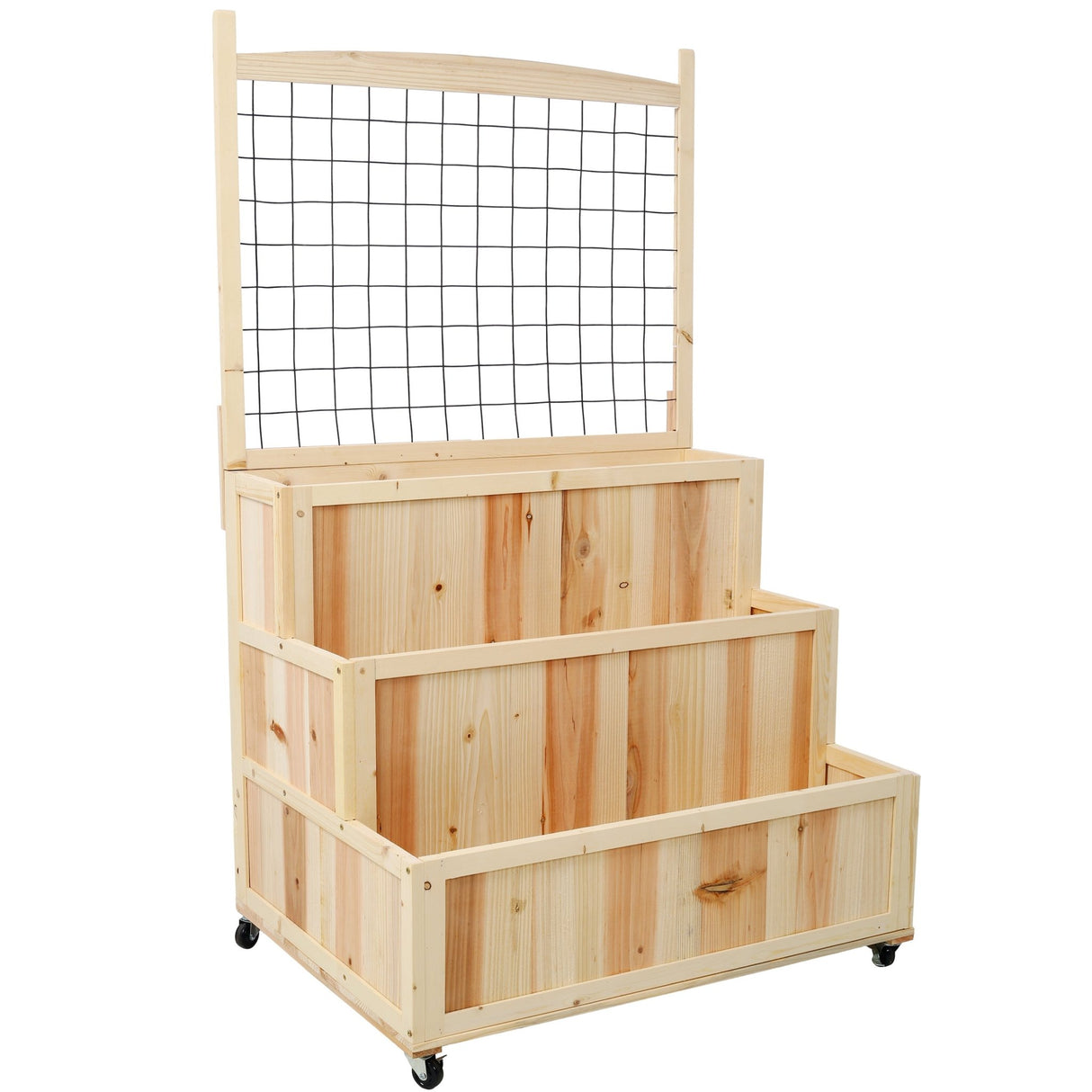 3 - Tiers Raised Garden Bed with Trellis 53" H Vertical Planter Box with Wheels & Back Storage Area for Flowers Vegetables Herbs Natural - Fab Heavy Parts