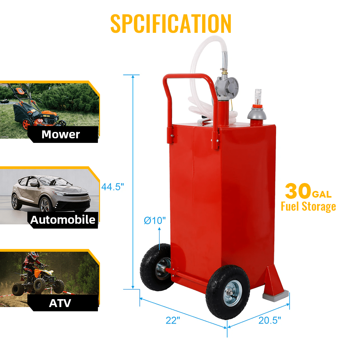 30 Gallon Gas Caddy With Wheels Reversible Rotary Hand Siphon Pump Storage - Red - Fab Heavy Parts