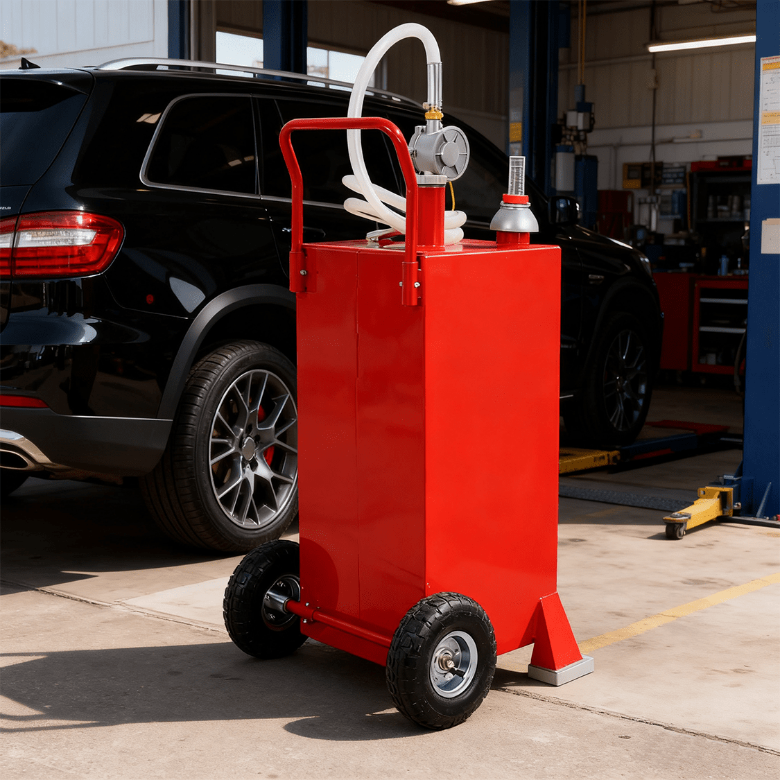 30 Gallon Gas Caddy With Wheels Reversible Rotary Hand Siphon Pump Storage - Red - Fab Heavy Parts