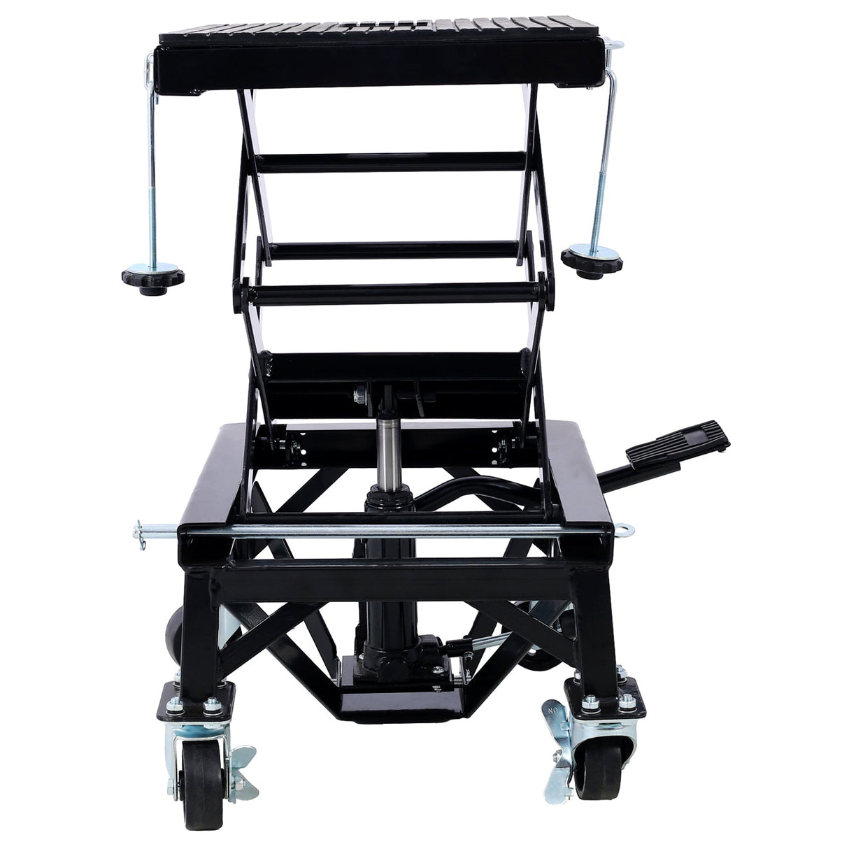 300 lbs Hydraulic Motorcycle Scissor Jack Lift Foot Step Wheels - Black - Fab Heavy Parts