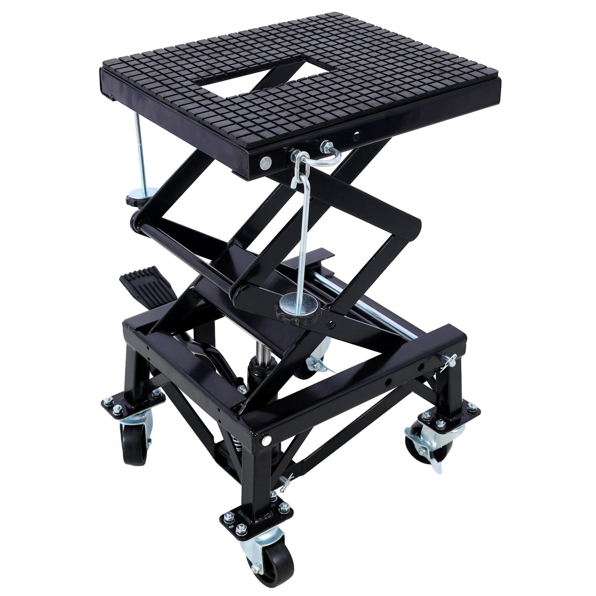 300 lbs Hydraulic Motorcycle Scissor Jack Lift Foot Step Wheels - Black - Fab Heavy Parts
