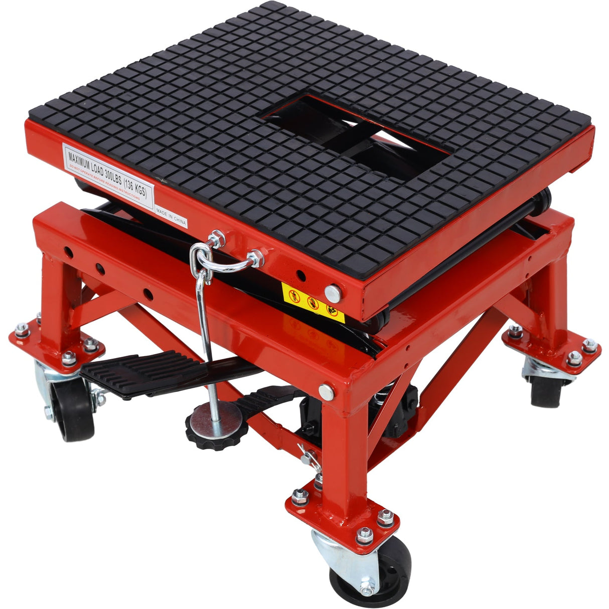 300 lbs Hydraulic Motorcycle Scissor Jack Lift Foot Step Wheels - Red - Fab Heavy Parts