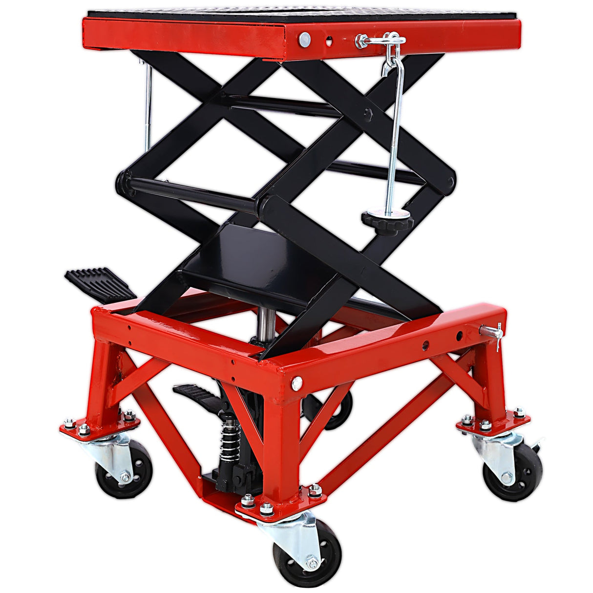 300 lbs Hydraulic Motorcycle Scissor Jack Lift Foot Step Wheels - Red - Fab Heavy Parts