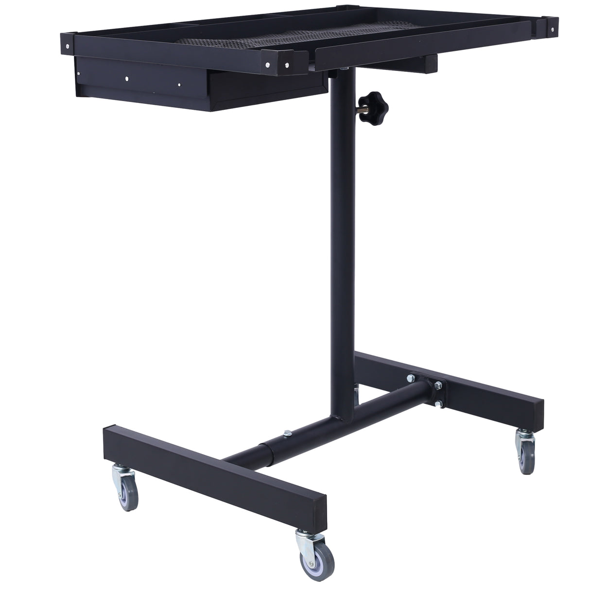 Adjustable Tear Down Work Table with Drawer (4) 2.5" Swivel Casters 220 Lbs Capacity Rubber Corners Heavy Duty Steel--Black