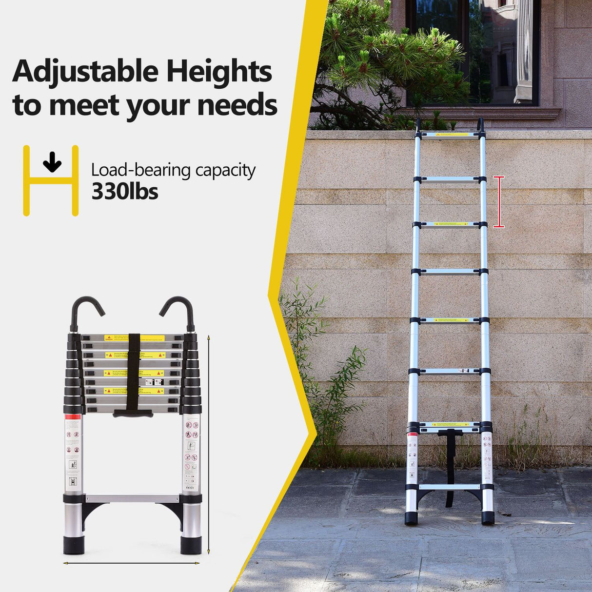 9.5 Foot Aluminum Button Telescopic Ladder with 2 Triangular Stabilizers and Hooks Multi-Purpose Max. 330 Pounds