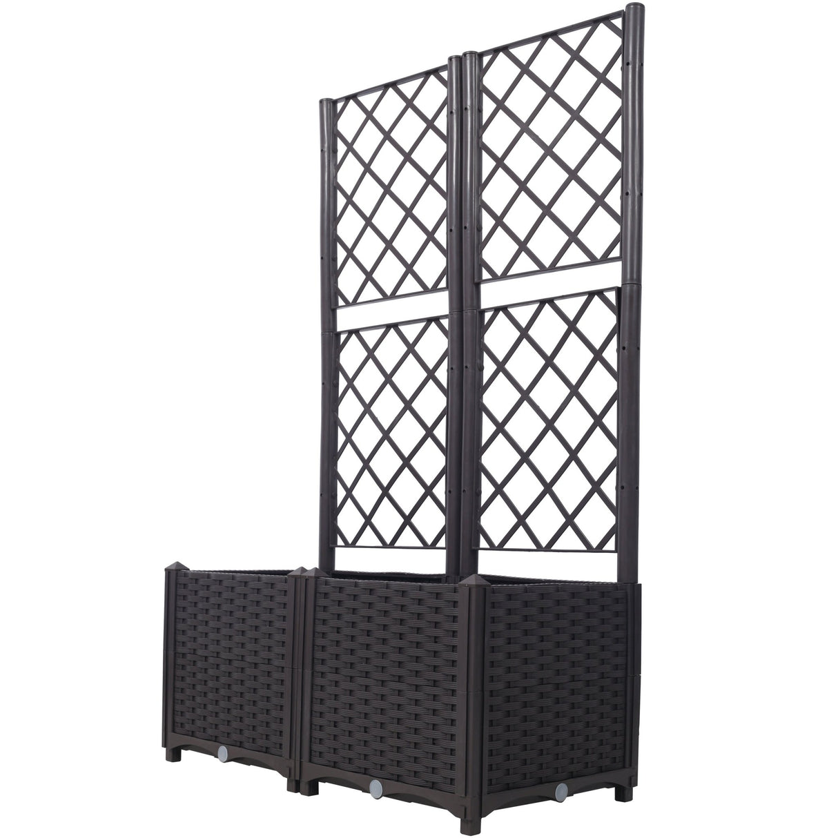 31.5" x 15.7" x 53.5" Poly Rattan Trellis Raised Bed with Drainage Plug 2 Removable Pots with Large Flower Boxes Built - in Support for Climbing Plants Outdoor Patio Garden Decoration - Brown - Fab Heavy Parts