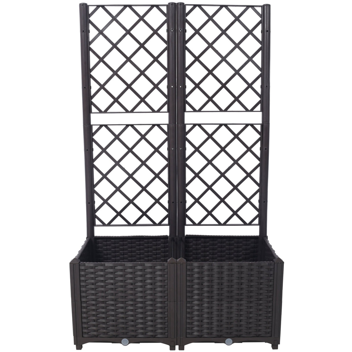 31.5" x 15.7" x 53.5" Poly Rattan Trellis Raised Bed with Drainage Plug 2 Removable Pots with Large Flower Boxes Built - in Support for Climbing Plants Outdoor Patio Garden Decoration - Brown - Fab Heavy Parts