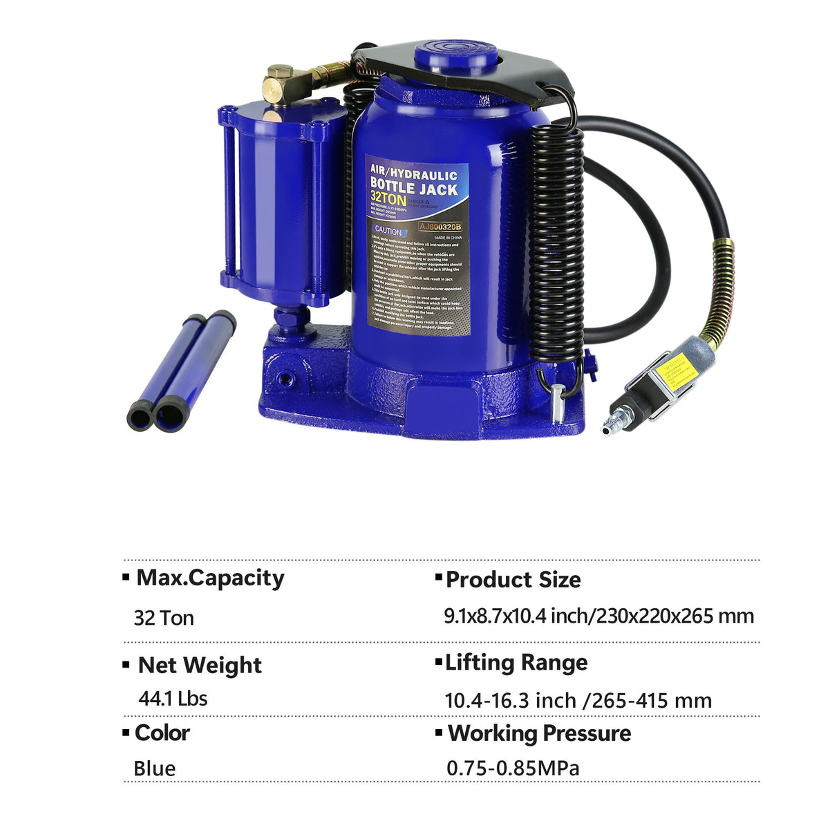 32 Ton Air Hydraulic Bottle Jack Manual Heavy Duty - Blue - Fab Heavy Parts