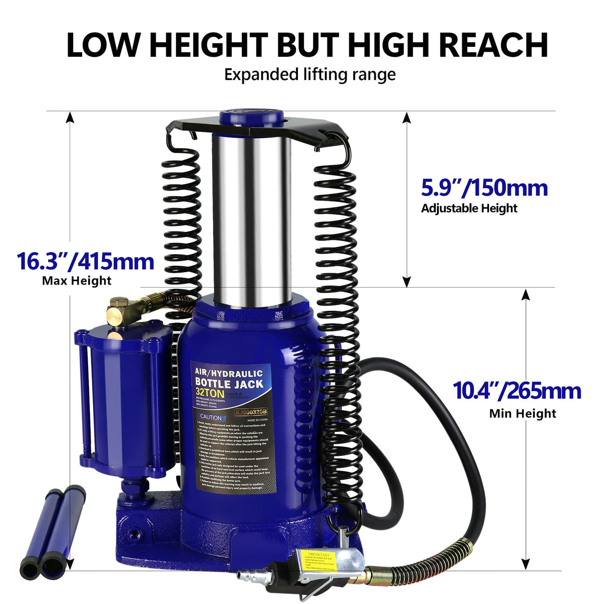 32 Ton Air Hydraulic Bottle Jack Manual Heavy Duty - Blue - Fab Heavy Parts