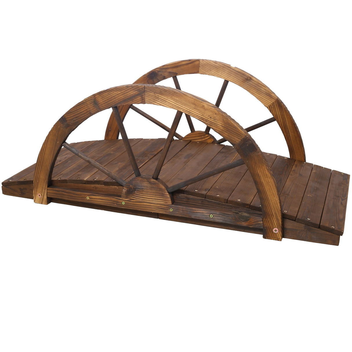 3.3ft Wooden Garden Bridge Arc Footbridge with Half - Wheel Style Railings & Solid Fir Construction Stained Wood - Fab Heavy Parts
