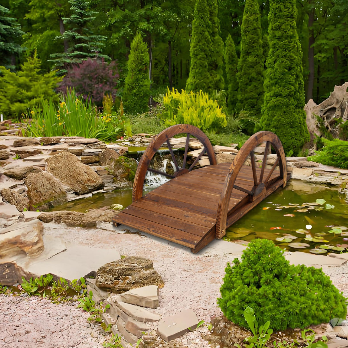 3.3ft Wooden Garden Bridge Arc Footbridge with Half - Wheel Style Railings & Solid Fir Construction Stained Wood - Fab Heavy Parts
