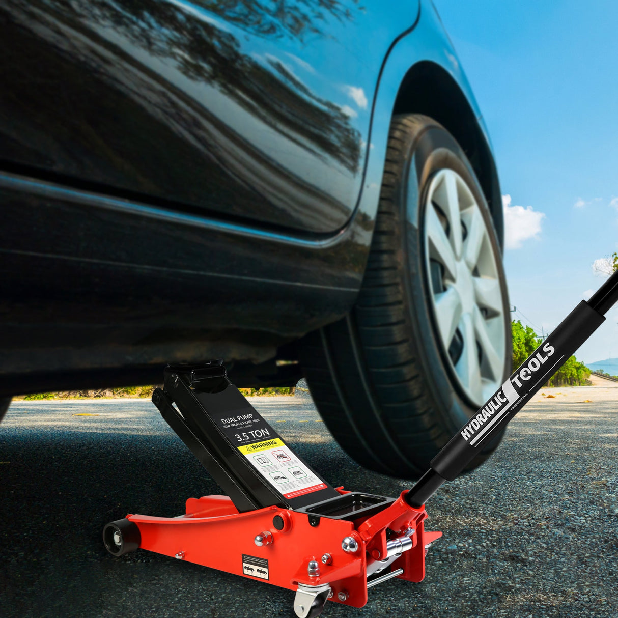 3.5 Ton Low Profile Heavy - Duty Steel Racing Floor Jack with Dual Piston Quick Lift Pump Lifting Range 4" - 21" - Fab Heavy Parts