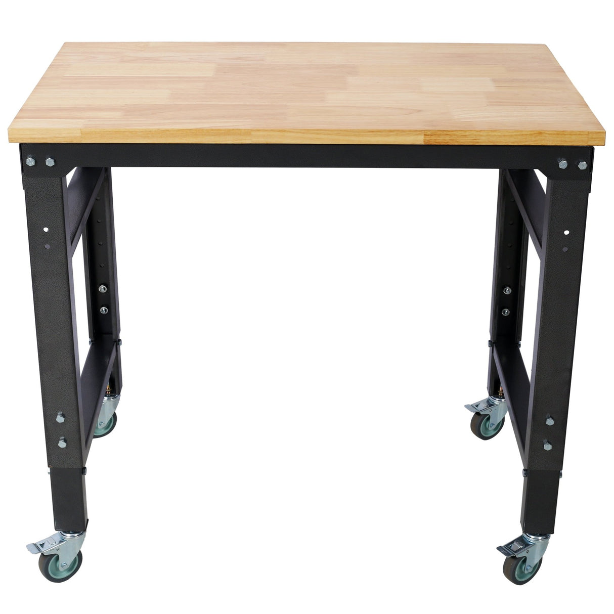 35' Wide Rolling Workbenches with Rubber Wood Top Black Hammertone Leg Adjustable Height Metal - Fab Heavy Parts