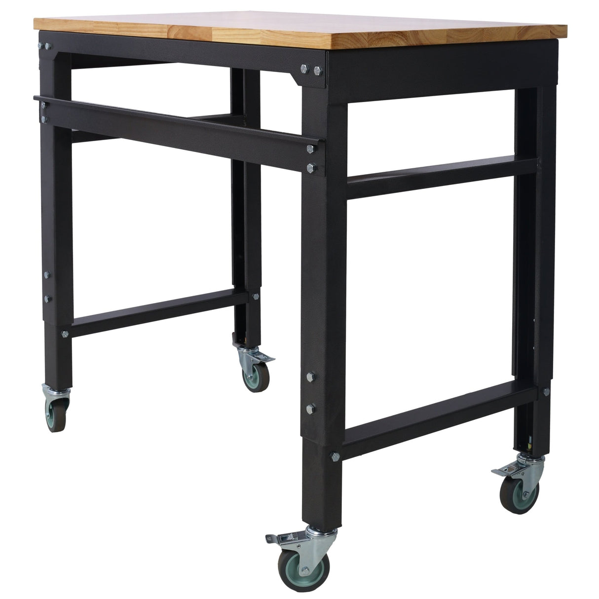 35' Wide Rolling Workbenches with Rubber Wood Top Black Hammertone Leg Adjustable Height Metal - Fab Heavy Parts