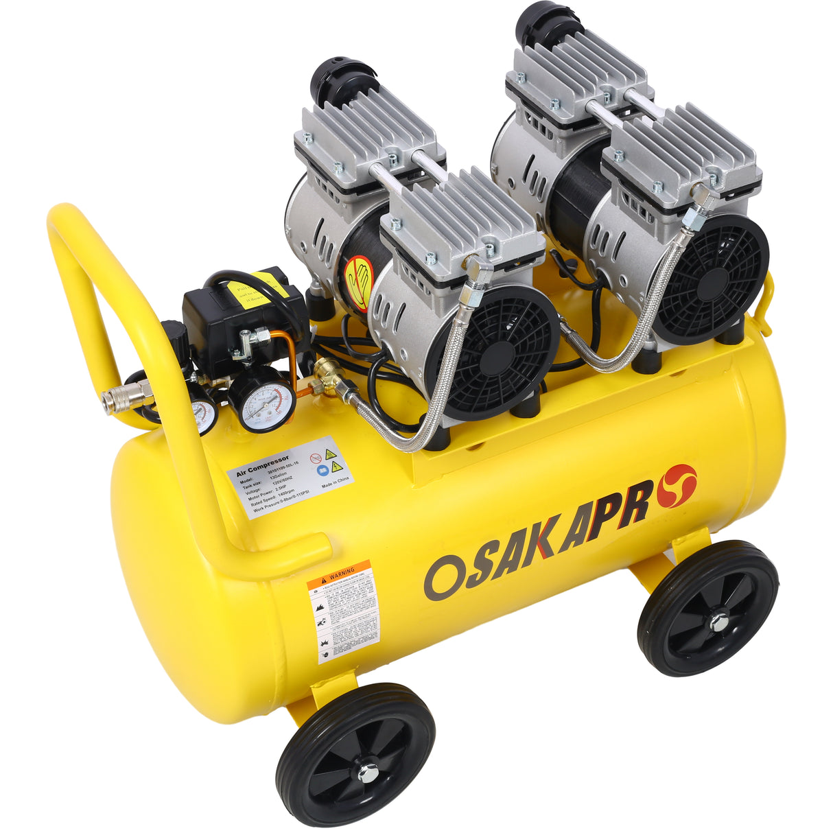 Compresor de aire silencioso de 2.5 hp 13 galones Tienda eléctrica sin aceite sin aceite Ligero con ruedas Nivel de ruido de 70 dba con válvula de drenaje automática amarillo
