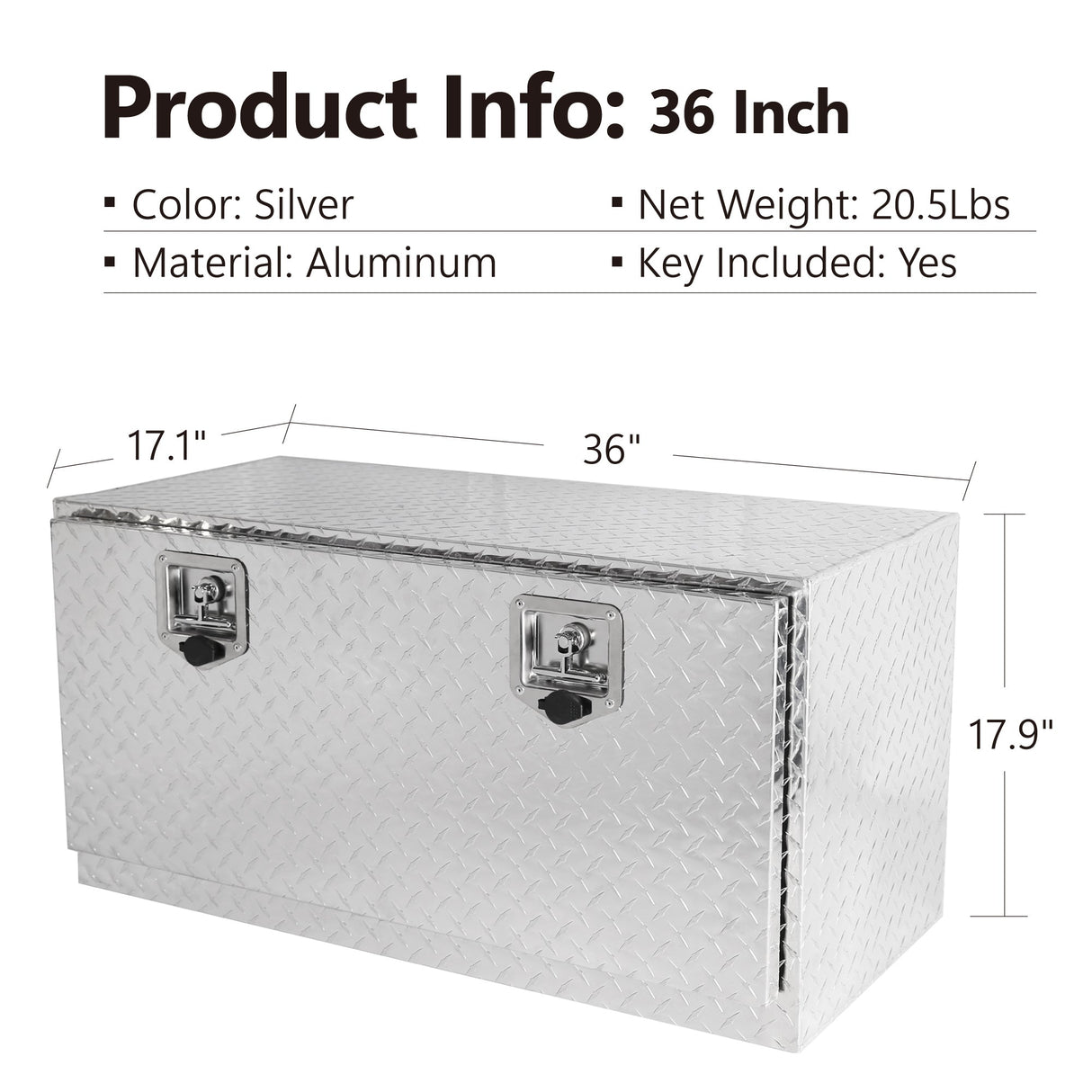 36 Inch Truck Tool Box 36"×17"×18" Heavy Duty Aluminum Silver Tread Tool Box with Locks and T - Handle Latch Key - Fab Heavy Parts