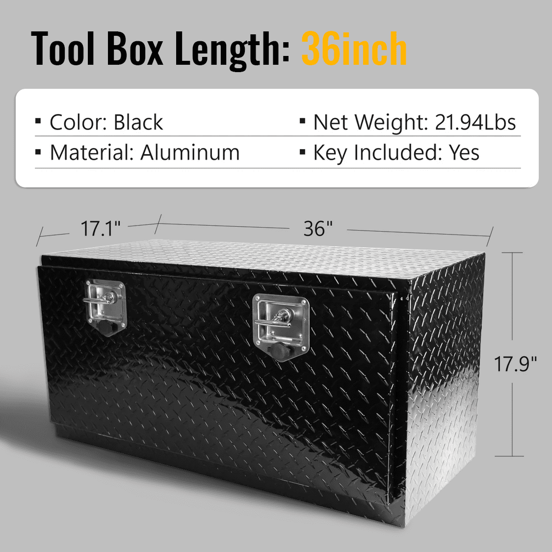 36 Inch Truck Tool Box 36"×17"×18" Heavy Duty Black Aluminum Tread Tool Box with Locks T - Handle Latch Key - Fab Heavy Parts