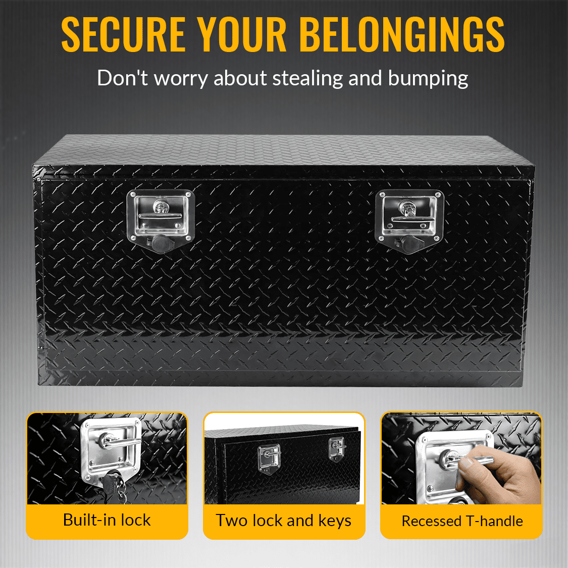 36 Inch Truck Tool Box 36"×17"×18" Heavy Duty Black Aluminum Tread Tool Box with Locks T - Handle Latch Key - Fab Heavy Parts