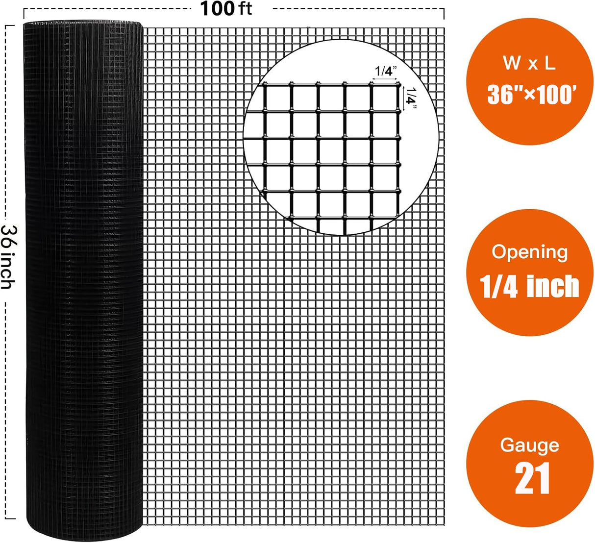 36 inch×100 ft Black Vinyl Coated Hardware Cloth 21 Gauge 1/4 inch Welded Wire Fence - Fab Heavy Parts