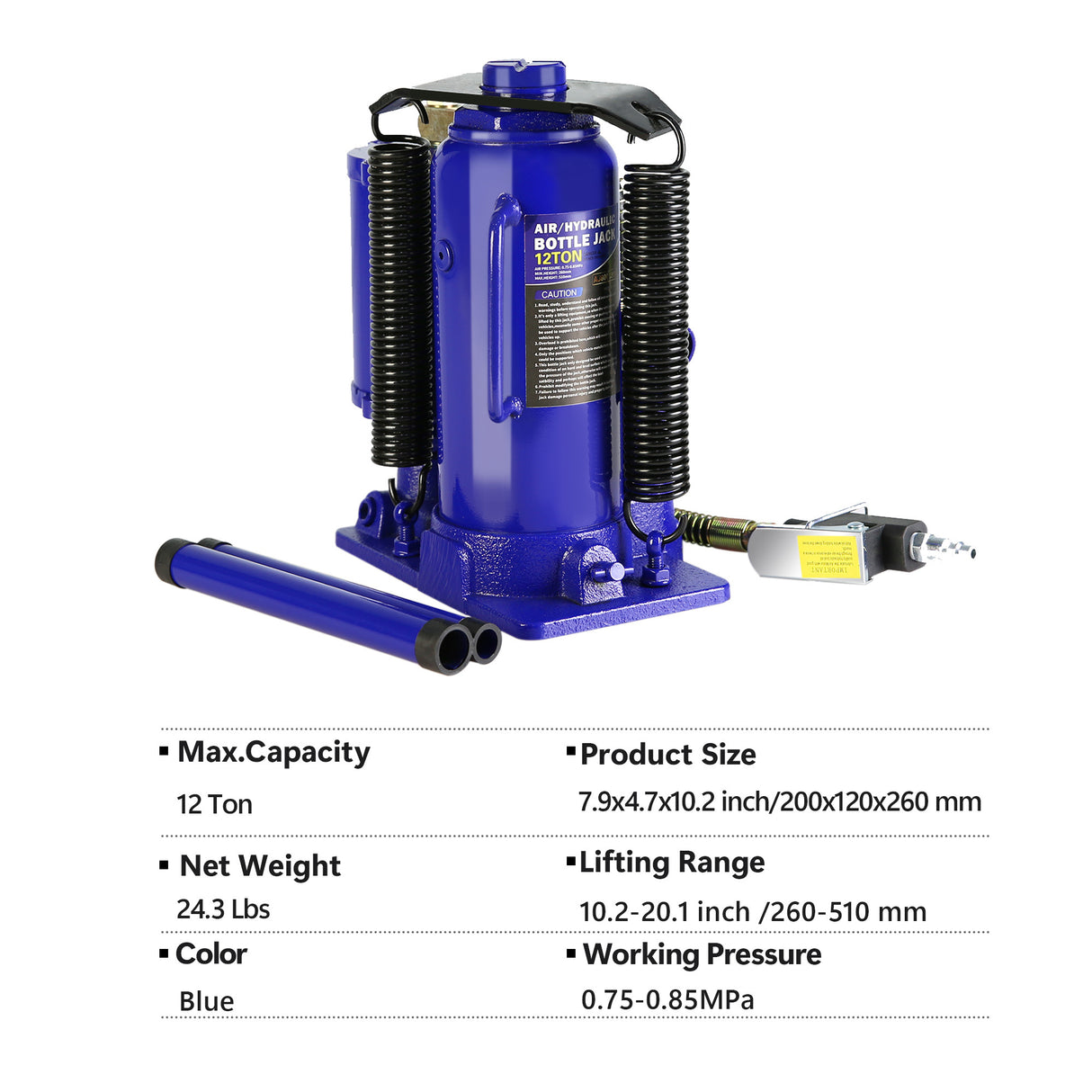 12 Ton Pneumatic Air Hydraulic Bottle Jack with Manual Hand Pump Heavy Duty--Blue
