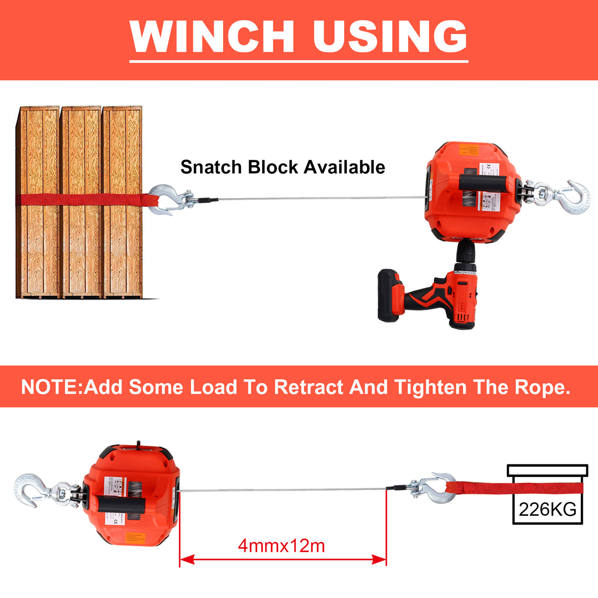 Drill Winch Hoist Portable 750 LB Capacity with 40 Feet Steel Wire--Red
