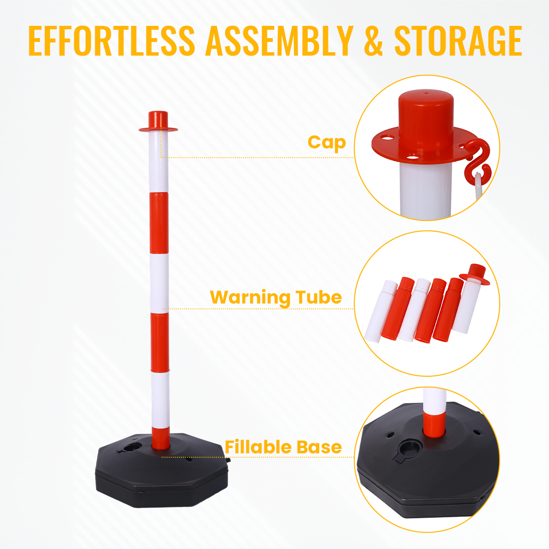 12 Pack Traffic Delineator Post Cones with Fillable Base Adjustable Safety Barrier with 5Ft Plastic Chain--White+Red