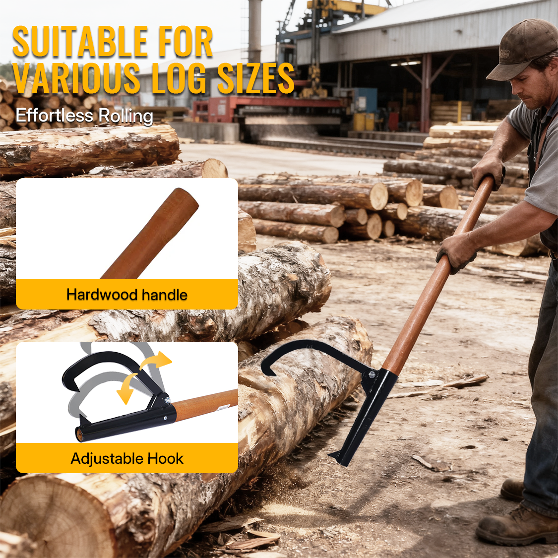 Log Peavy Cant Hook 48" Peavey Point Logging Tool Roller 15in Opening Black