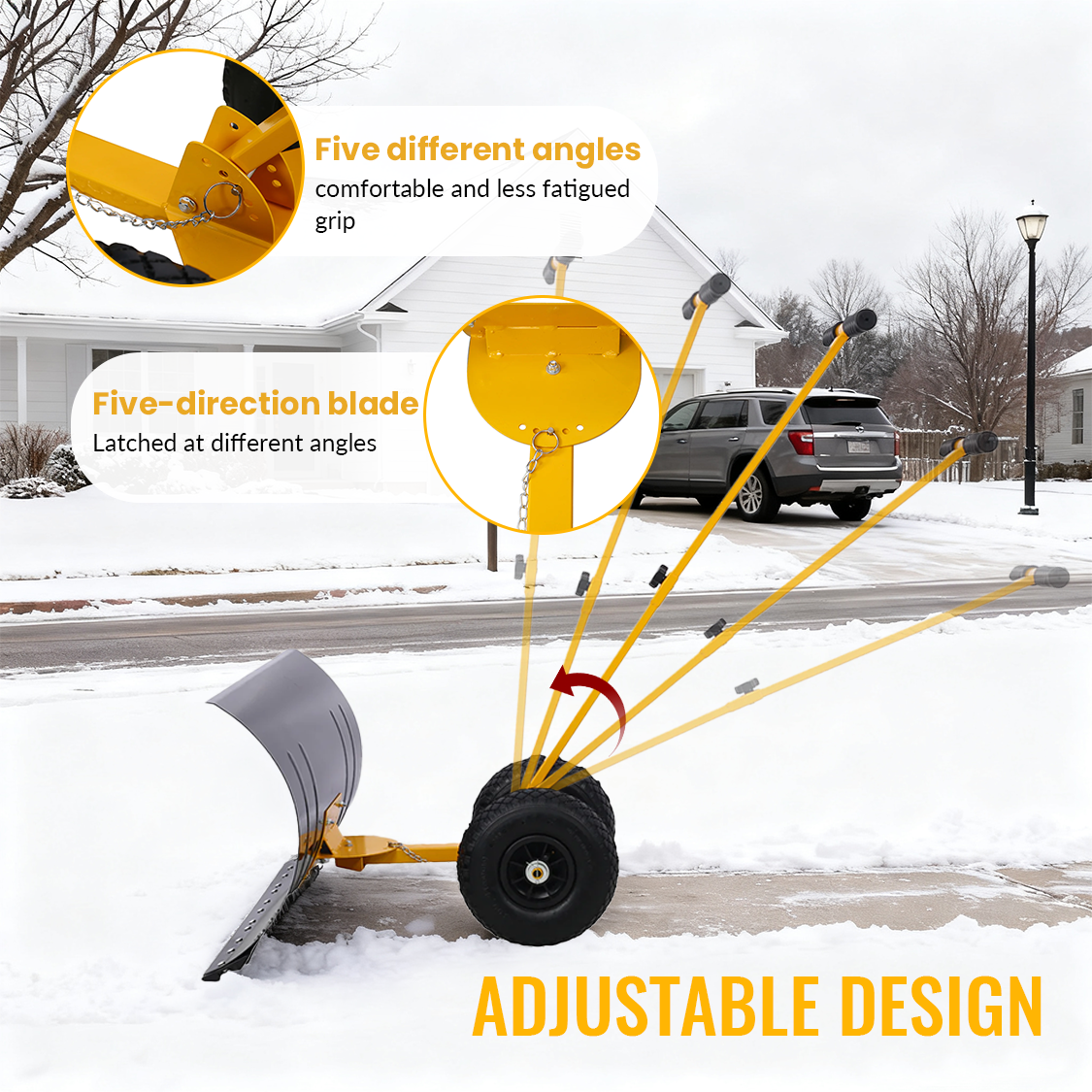 Snow Shovel with Wheels Cushioned Adjustable Angle Handle 29" Blade 10" Wheels--Yellow