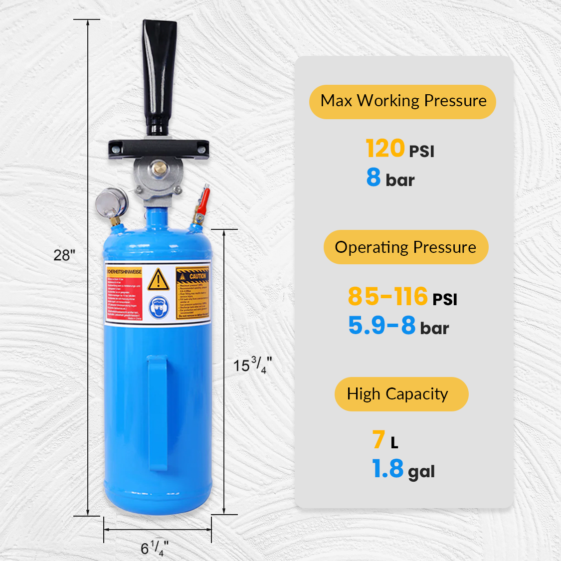 1.8Gal/7L Air Tire Bead Seater Blaster 120 PSI Handheld Bead Bazooka Portable Inflator Tool 85-116 PSI Operating Pressure