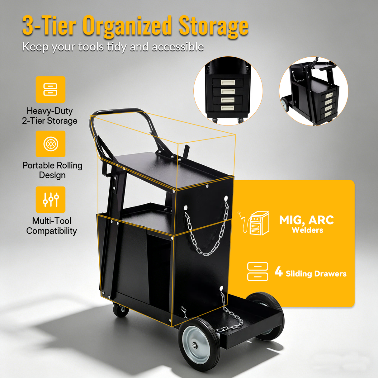 Heavy Duty 2-Tier 4 Drawers Rolling Welding Cart Portable Welder Storage Trolley with Wheels for MIG TIG ARC Welder Plasma Cutter and Welding Accessories