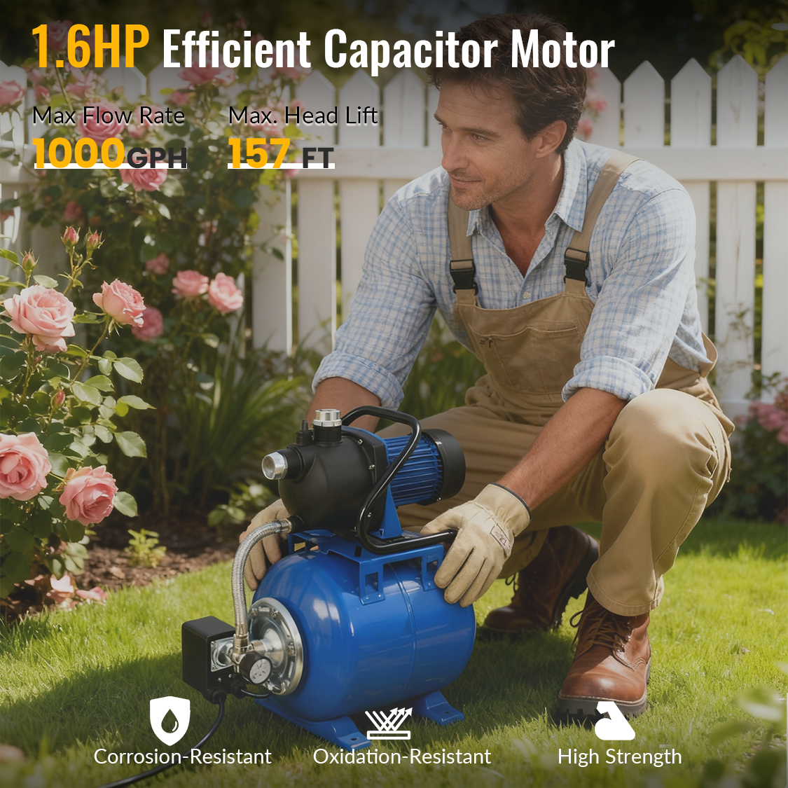 1.6HP Shallow Well Pump with Pressure Tank Automatic Booster Pump--Blue