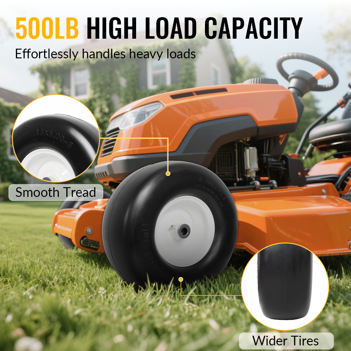 2PCS 13x5.00-6" Flat Free Lawn Mower Tires Smooth Tread 3/4" Bearing 3" Central Hub 500 LB Capacity per pc.