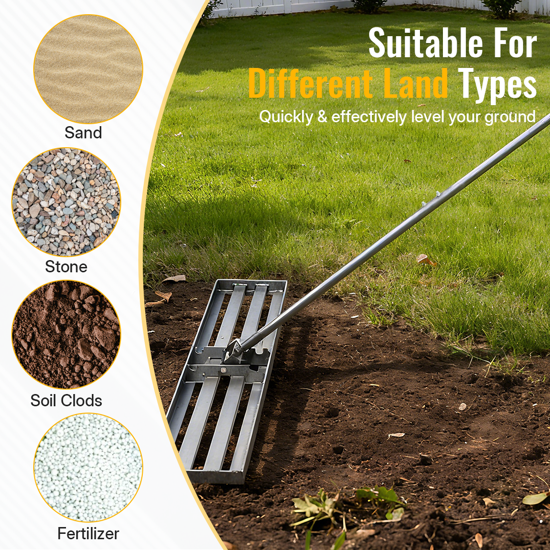 Lawn Leveling Rake Tool 48"x10" Heavy Duty Effort Saving 7FT Steel Handle