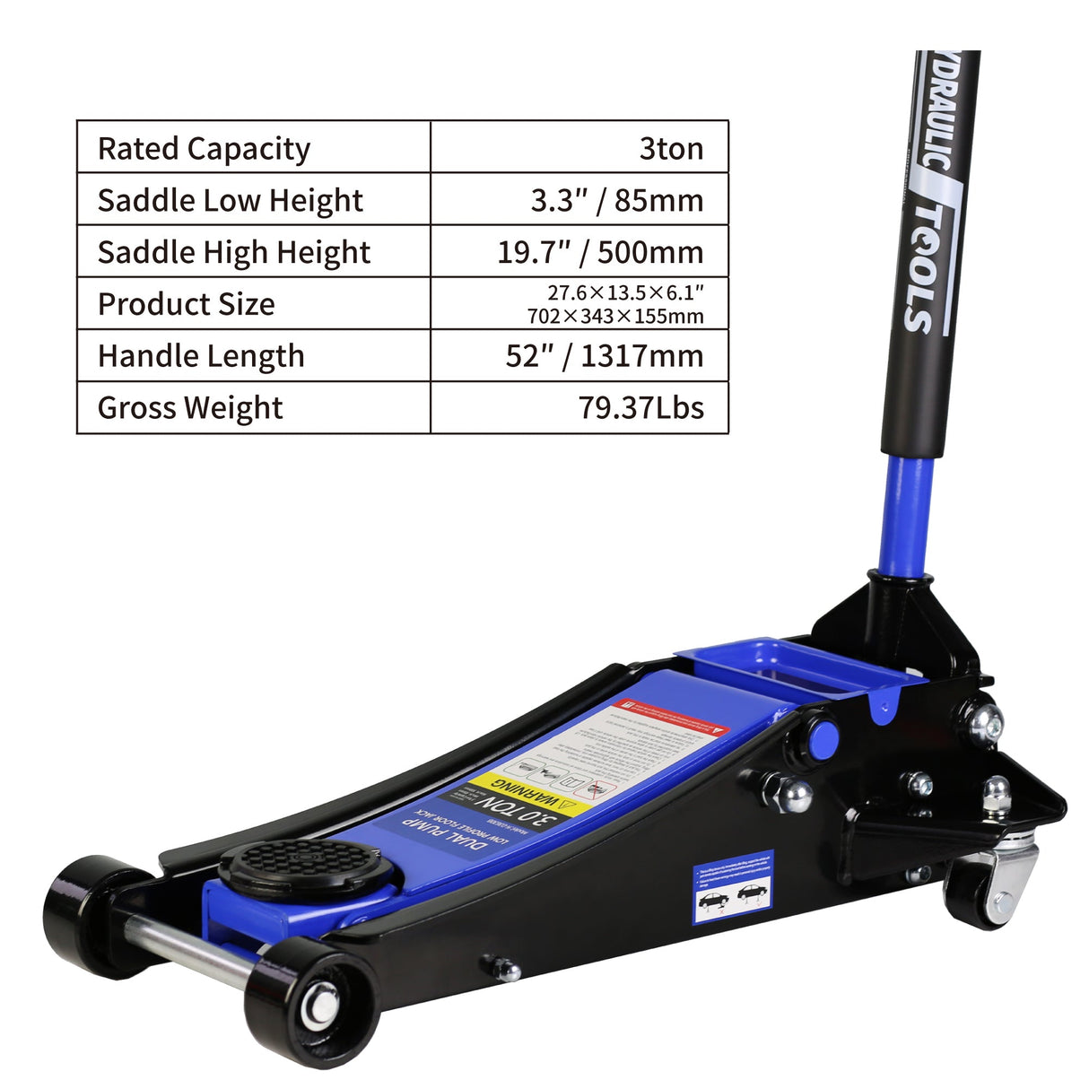 3T Hydraulic Ultra Low Floor Jack with Dual Pistons Quick Lift Pump Lifting Range 3.3" - 19.7" - Fab Heavy Parts