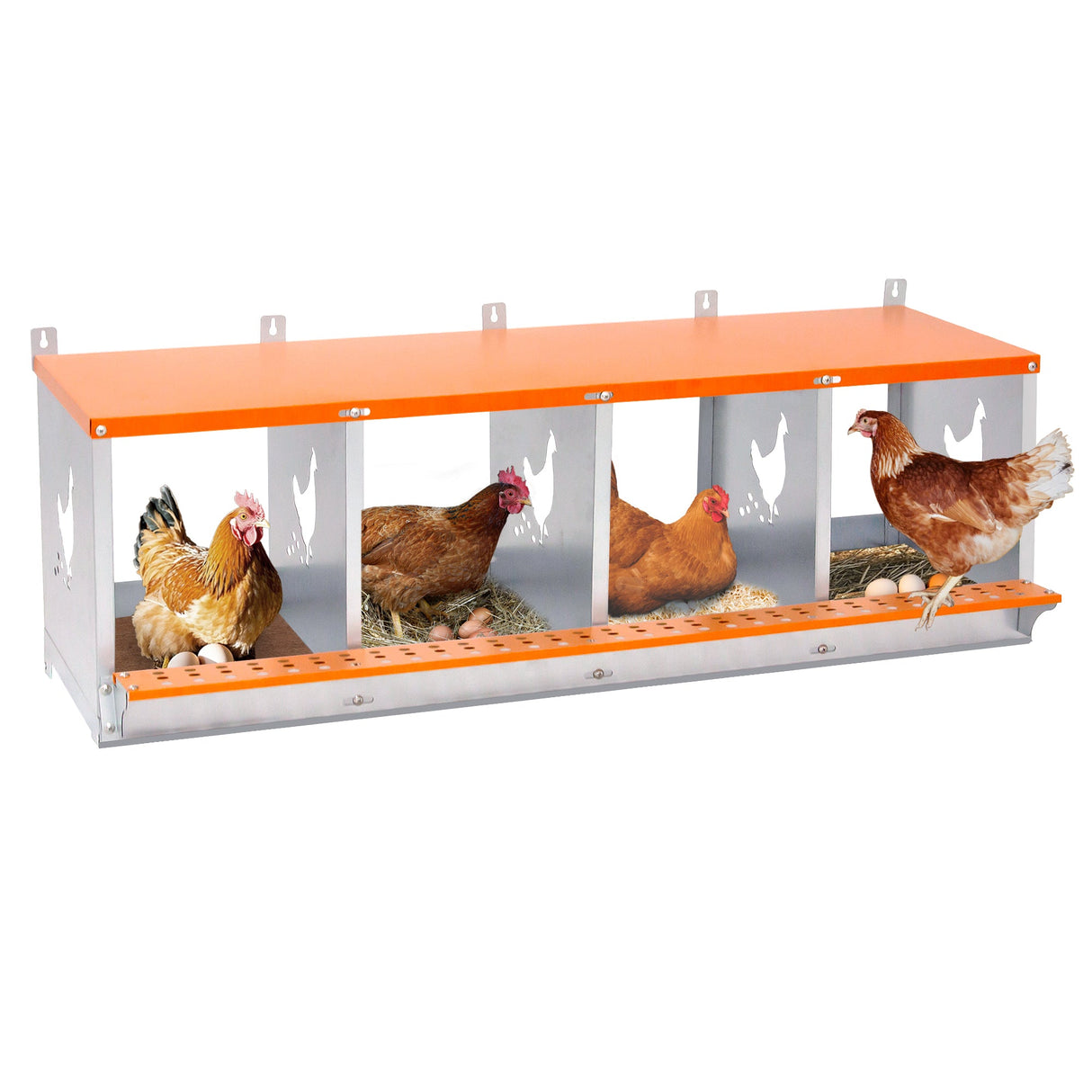 4 - Bay Metal Chicken Nesting Box Wall Mount Easy Egg Collection Vented Galvanized Steel - Orange - Fab Heavy Parts