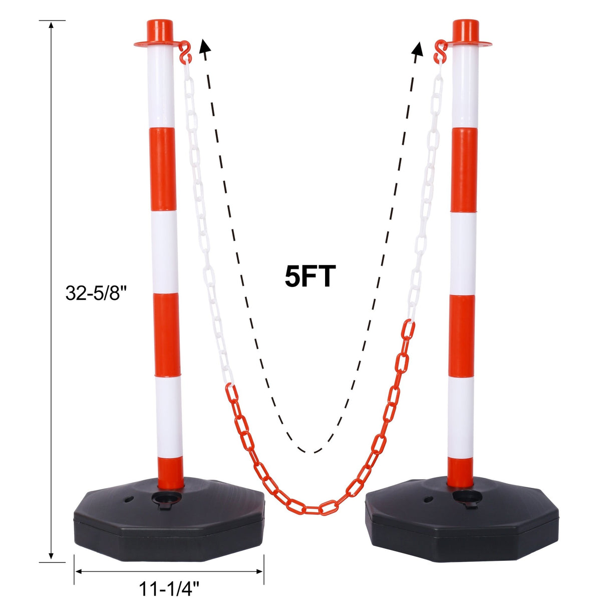 4 Pack Traffic Delineator Post Cones with Fillable Base Adjustable Safety Barrier with 5Ft Plastic Chain - White+Red - Fab Heavy Parts