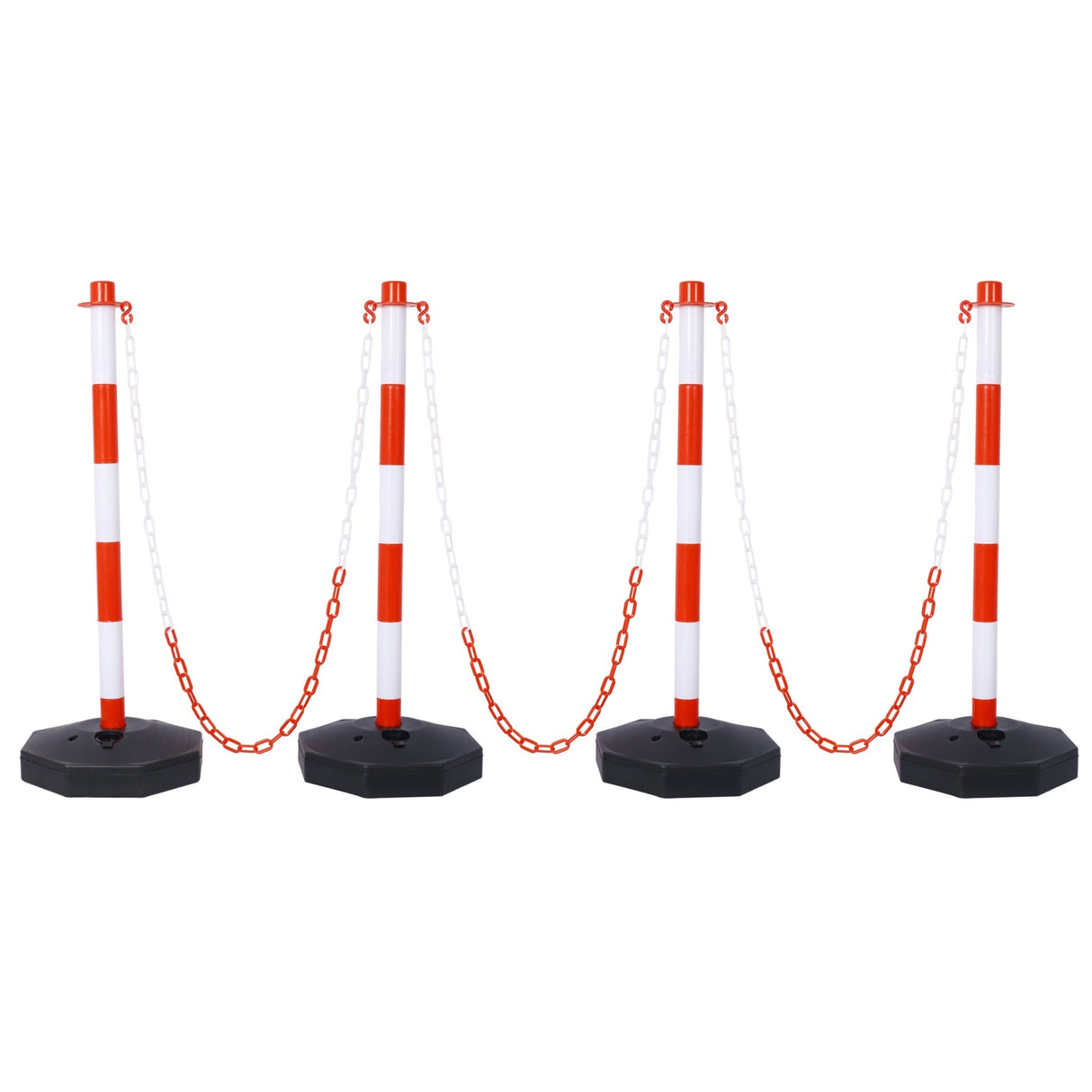4 Pack Traffic Delineator Post Cones with Fillable Base Adjustable Safety Barrier with 5Ft Plastic Chain - White+Red - Fab Heavy Parts