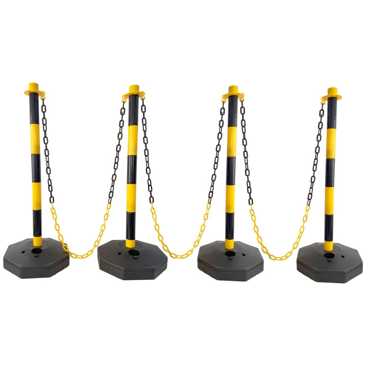 4 Pack Traffic Delineator Post Cones with Fillable Base Adjustable Safety Barrier with 5Ft Plastic Chain - Yellow+Black - Fab Heavy Parts