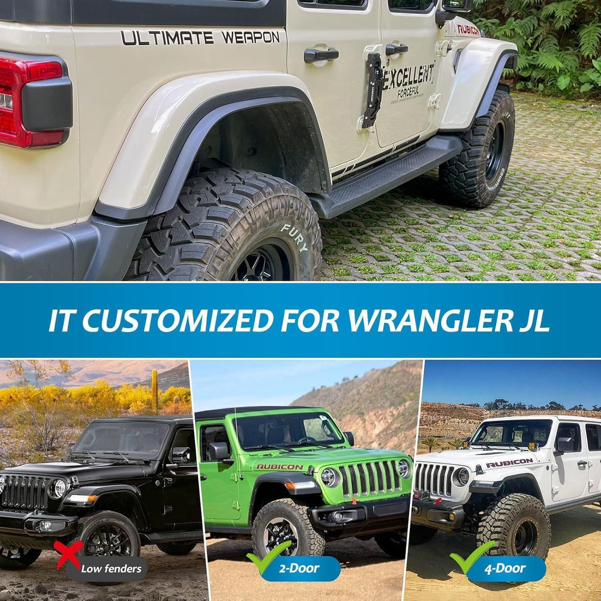 4 PCS Front & Rear Fenders Fits for 2018 - 2024 Jeep Wrangler JL and JLU Unlimited Rubicon Off - Road (Only Fit High Clearance Fender Flares, Not for 4XE) - Fab Heavy Parts