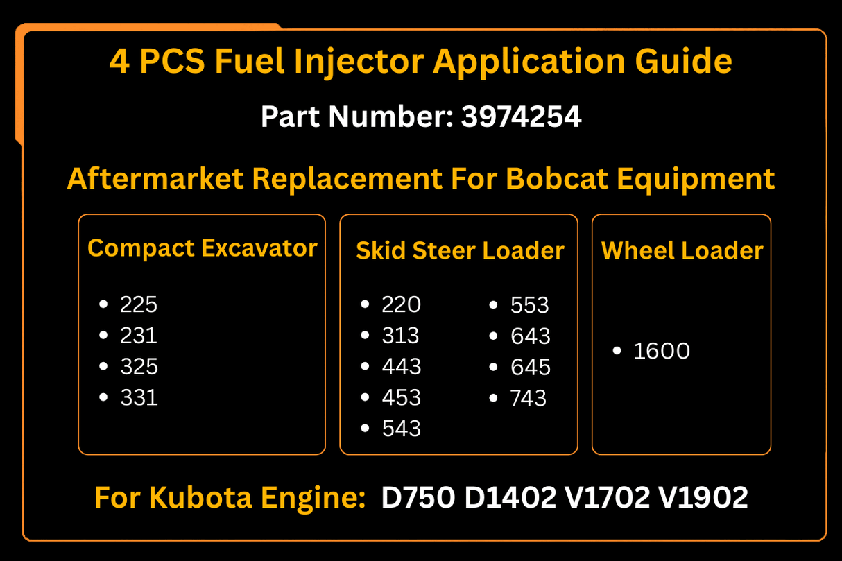 4 PCS Fuel Injector 3974254 for Kubota Engine D750 D1402 V1702 V1902 Aftermarket Replacement For Bobcat 743 643 645 231 225 331 1600 - Fab Heavy Parts