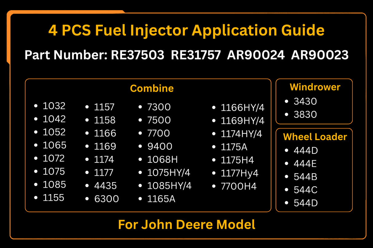 4 PCS Fuel Injector RE37503 RE31757 Fits for John Deere 1850 2630 2640 2140 3140 3150 3340 1950 2650 2850 6466 4050 - Fab Heavy Parts