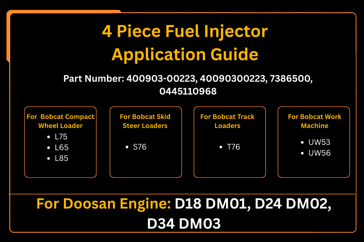 4 Piece Fuel Injector 400903 - 00223 7386500 Fits for Doosan Engine D18 D24 D34 Aftermarket Replacement For Bobcat Loader S76 T76 L75 L65 L85 - Fab Heavy Parts