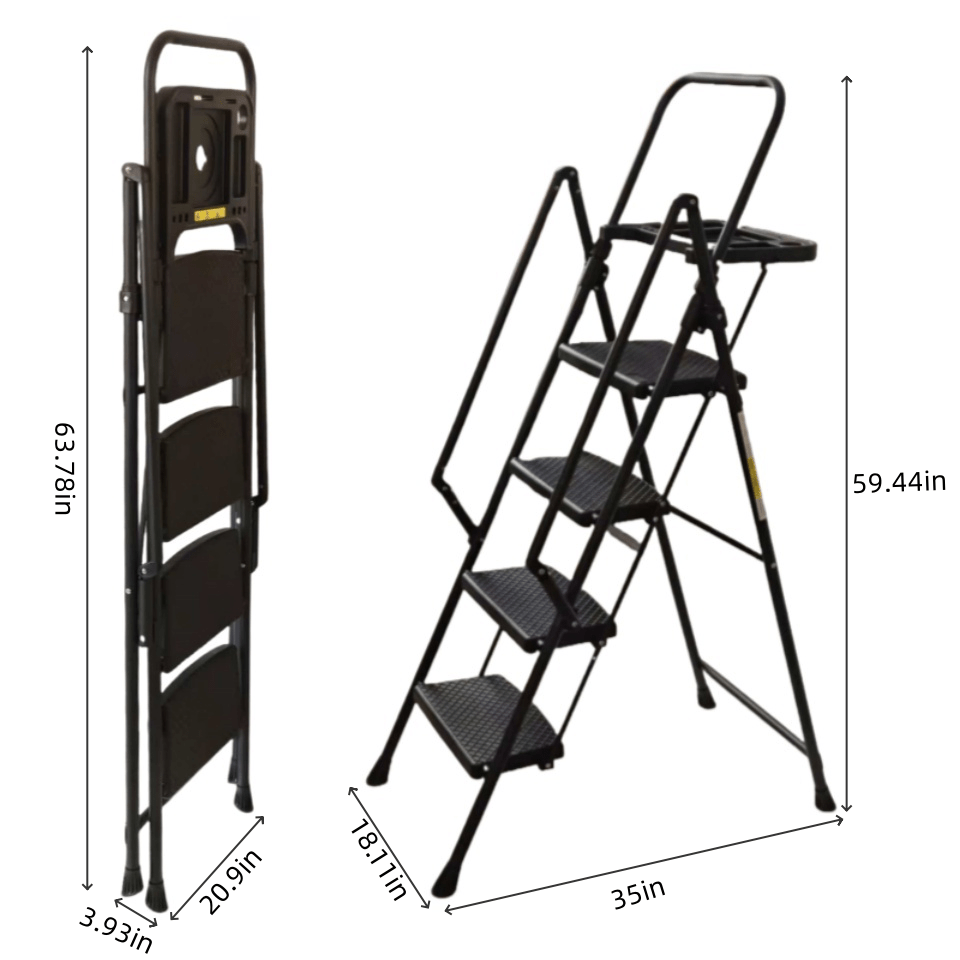 4 - Step Ladder Folding Step Stool with Non - Slip Wide Pedals Soft Handle Non - Slip Feet Sturdy Steel Construction 440 lbs Capacity - Fab Heavy Parts