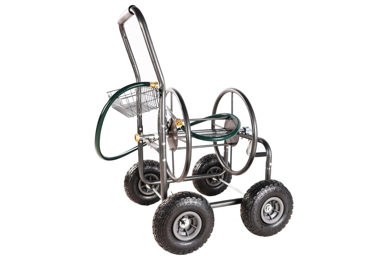 4 Wheels Portable Water Hose Reel Cart with Storage Basket Heavy Duty Steel - Fab Heavy Parts
